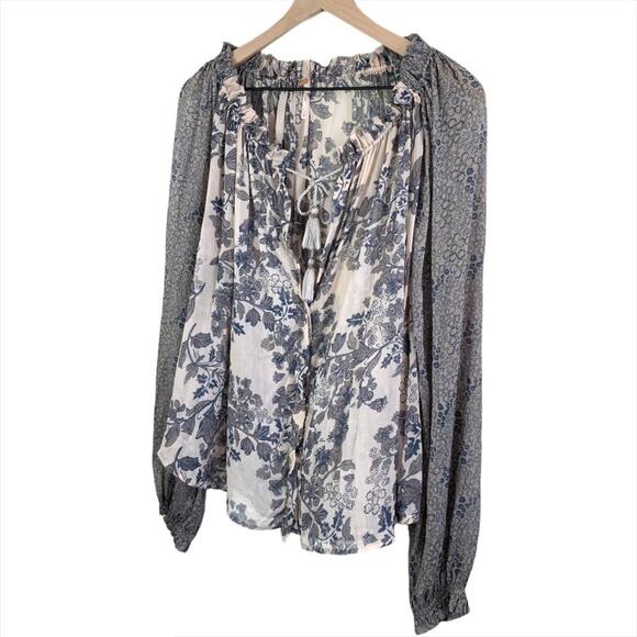 FREE PEOPLE Tassel Top Neutral Cream Floral Blouse Top Shirt – Small - Picture 7 of 13